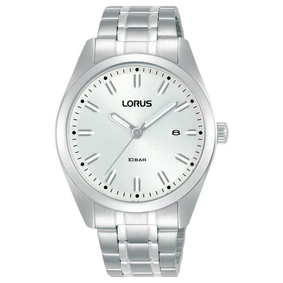 Men's stainless steel watch, white sunray dial with baton markers, date at 8.