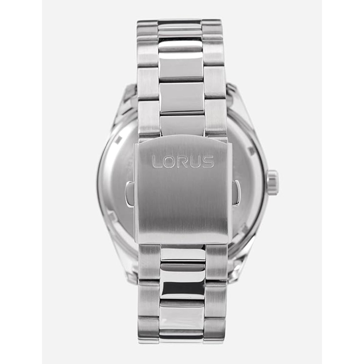 Lorus solar men's wristwatch case back close-up with silver-tone metal finish