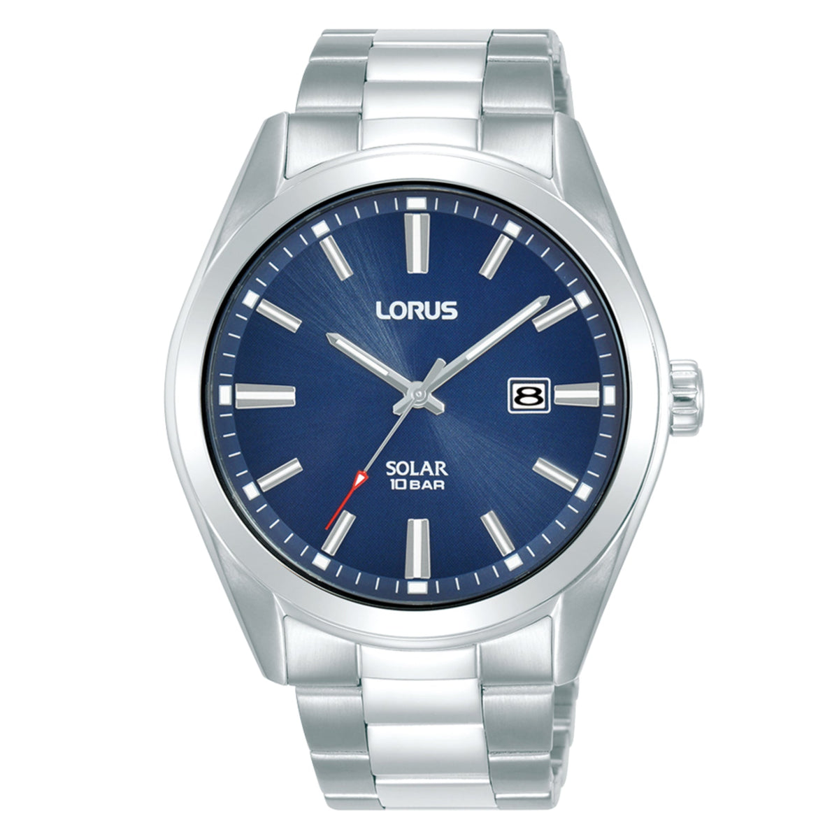 Lorus solar men's wristwatch front view with blue dial, silver-tone bracelet, raised bezel