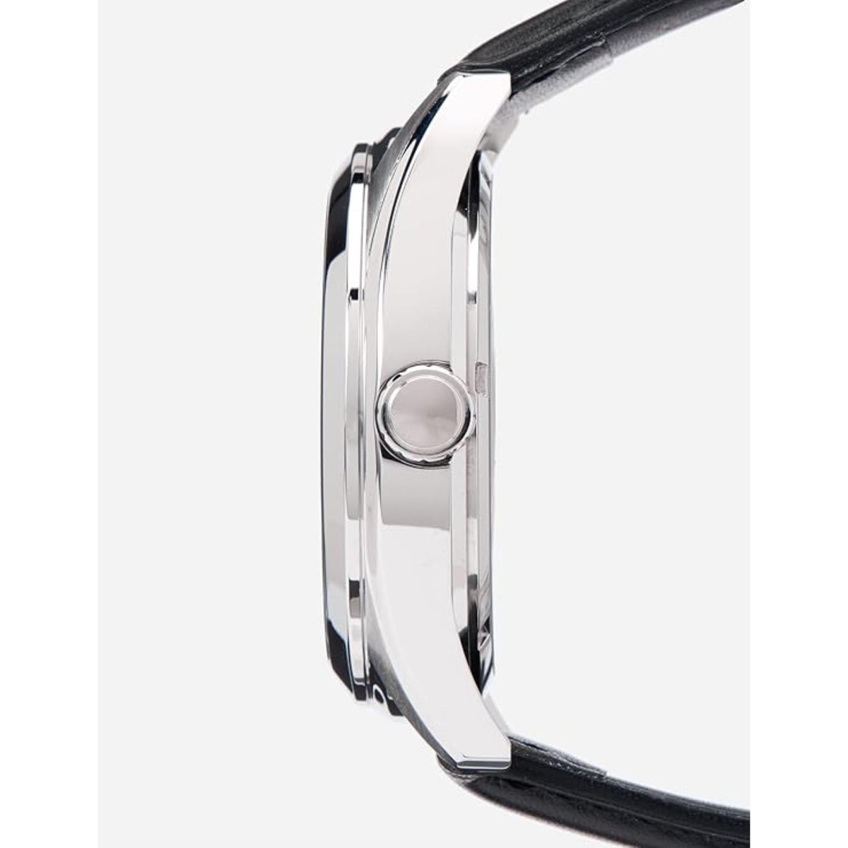 Men's solar watch side profile with silver case and black leather strap