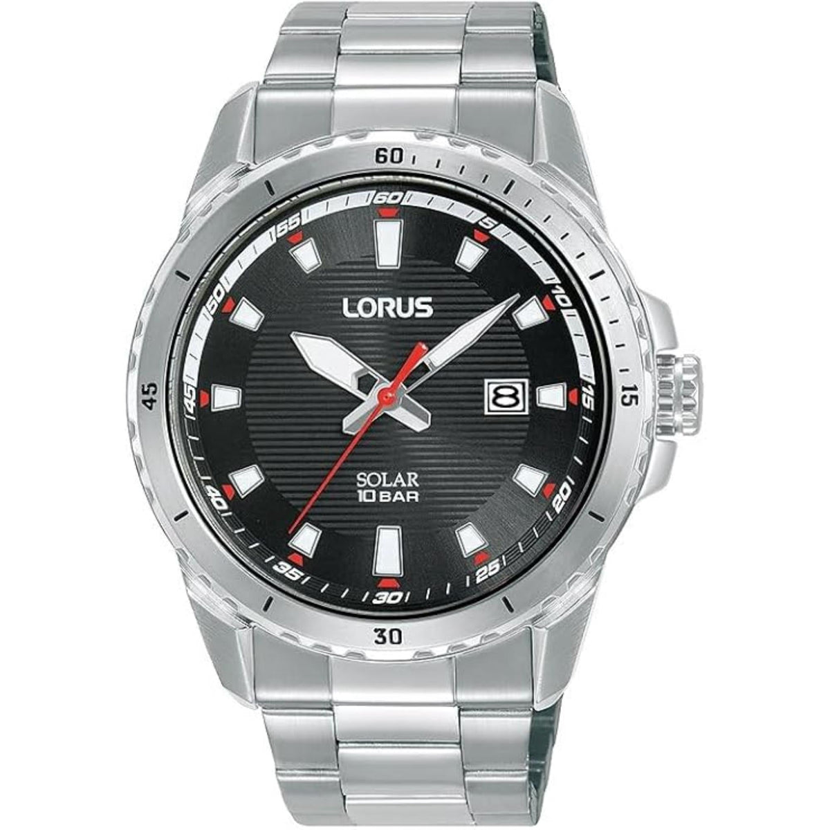 Men's solar analog wrist watch with black dial, silver metal bracelet, date window at 8 o'clock