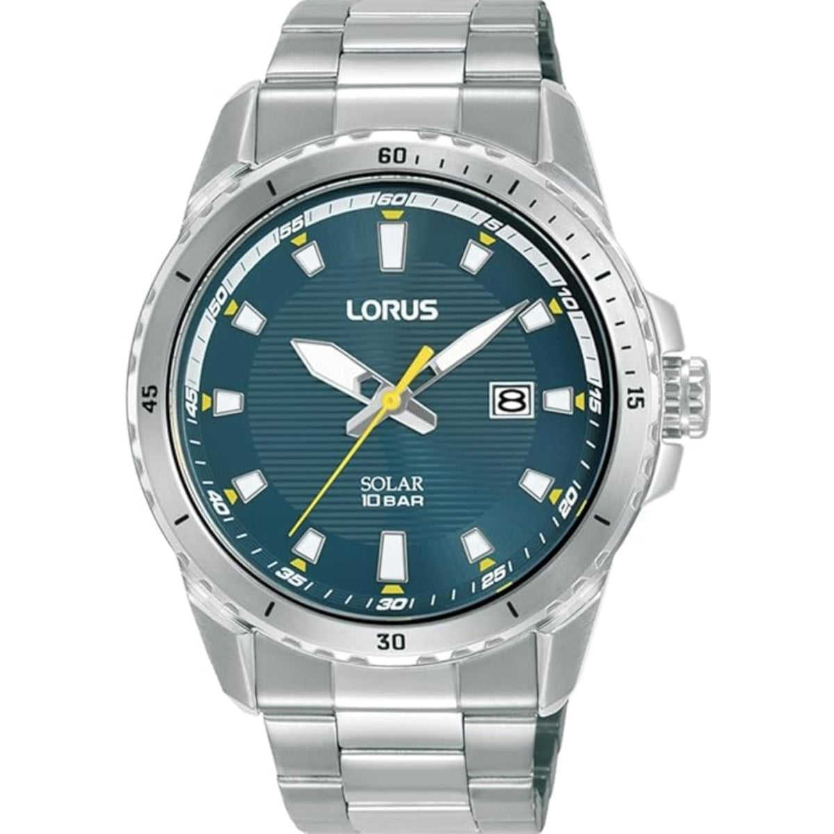 Men's solar analog watch, blue dial with silver hour markers, yellow-accent hands, metal bracelet