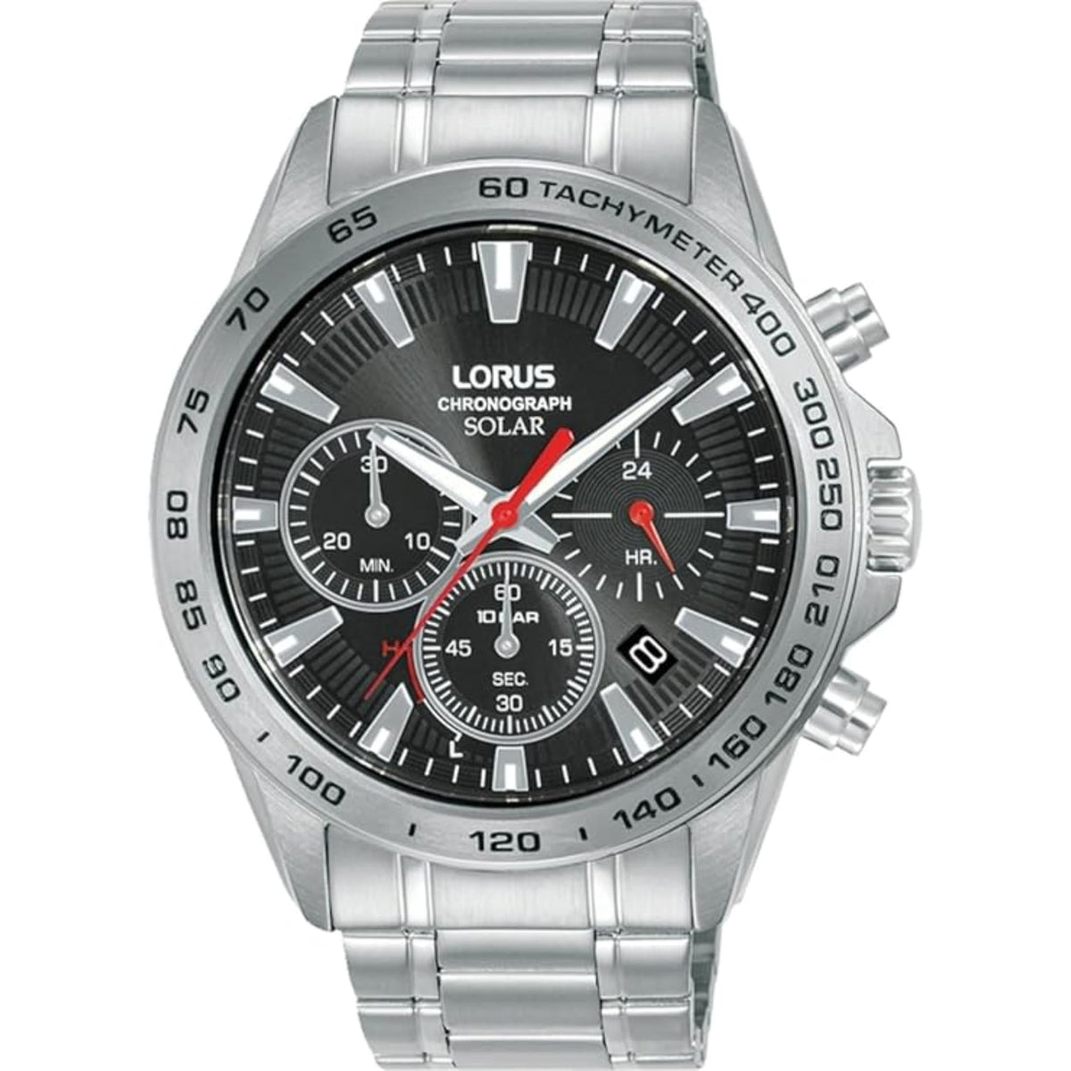 Men's Lorus solar chronograph watch featuring black dial with red chronograph hands and subdials