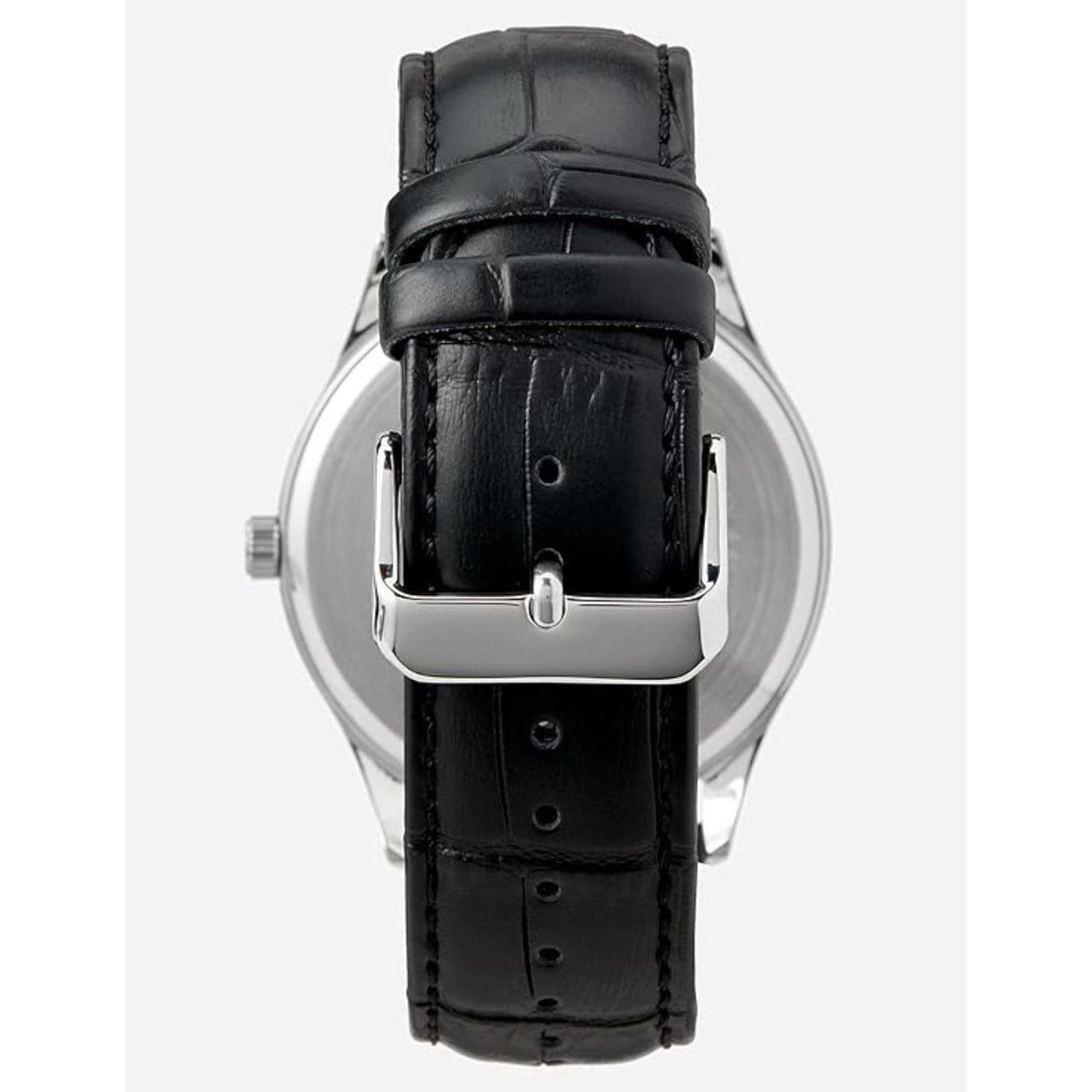 Men's analog watch back view with black leather strap and silver case