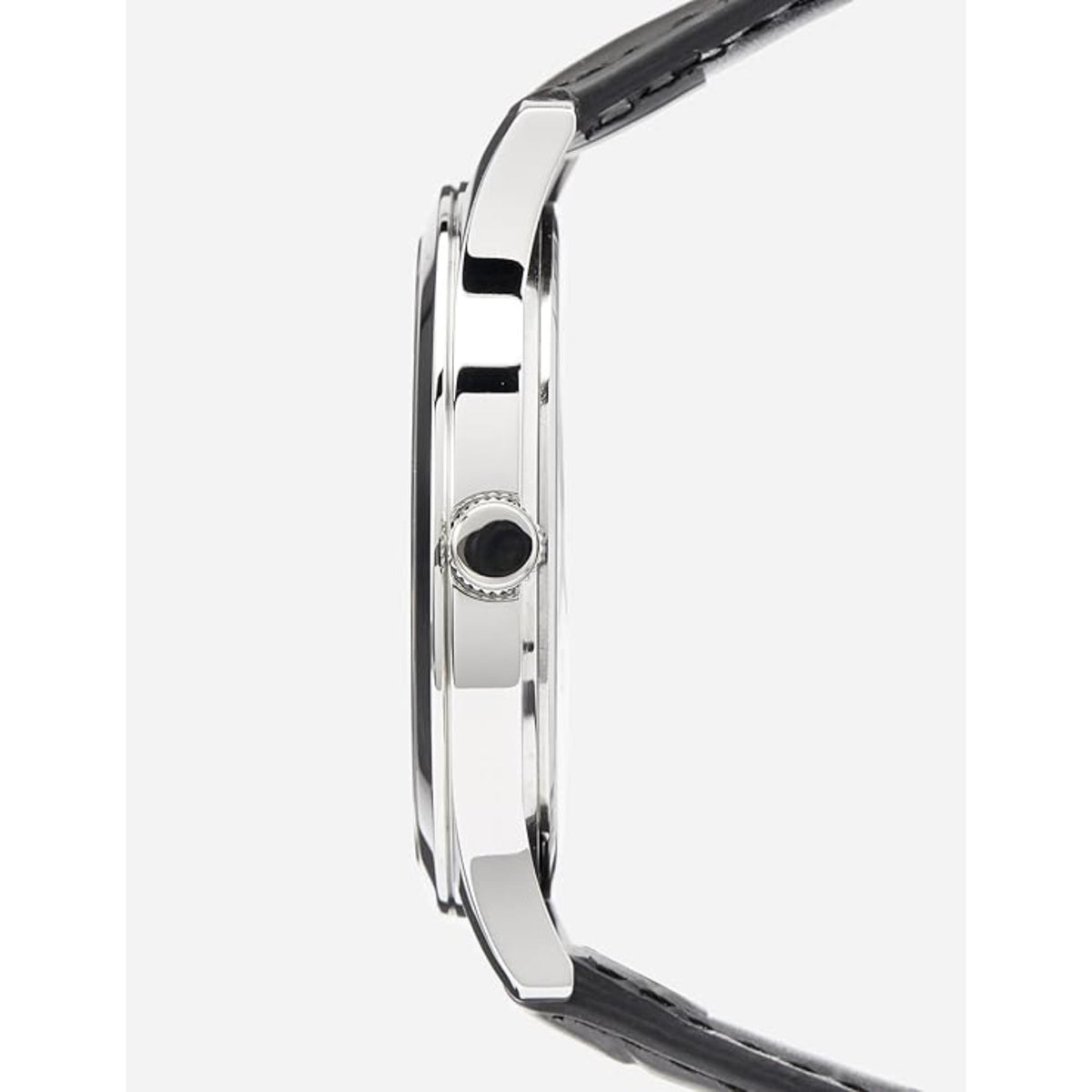 Men's watch side profile, silver case and black leather strap