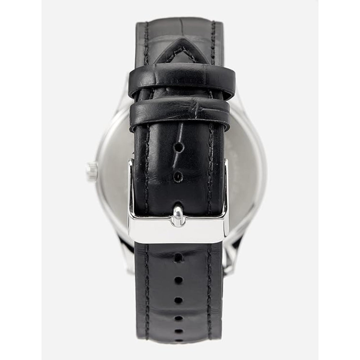 Men's watch back view, black leather strap with adjustment holes and buckle