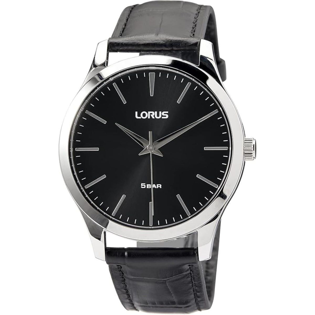 Men's black leather strap analog watch, black dial, silver bezel and bar markers