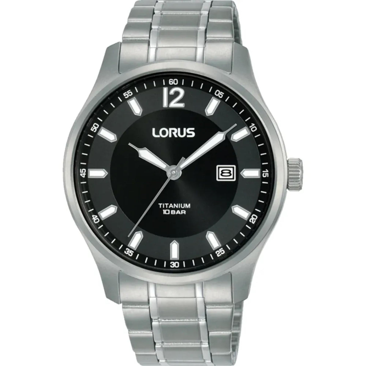 Men's titanium watch with black dial, silver hands, and date window at 3 o'clock