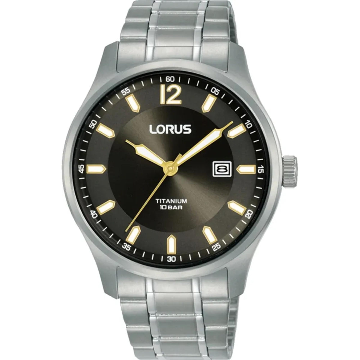Men's titanium wristwatch with black dial, luminous hands, and date window at 3