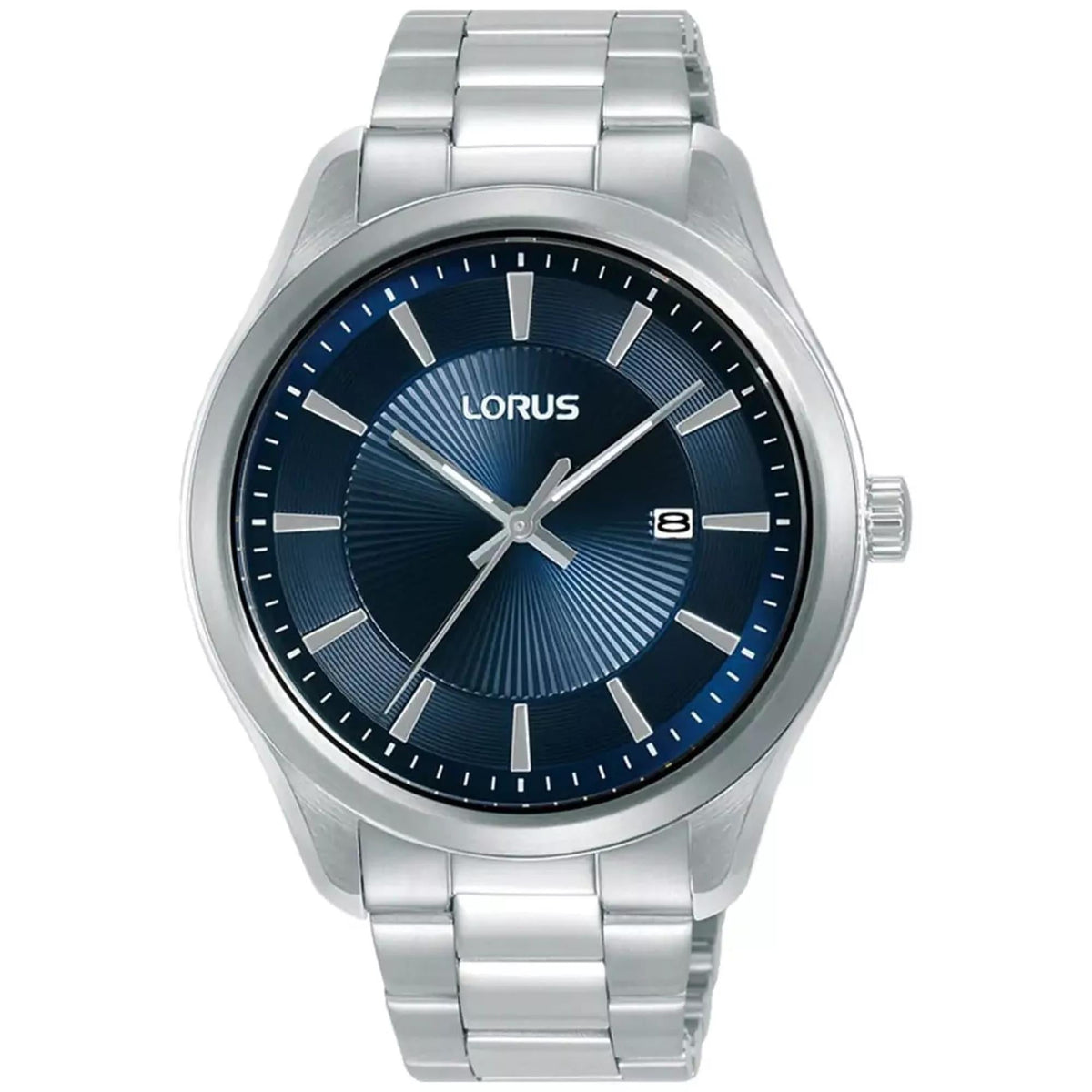 Men's analog quartz watch with blue dial, baton markers, and stainless steel bracelet