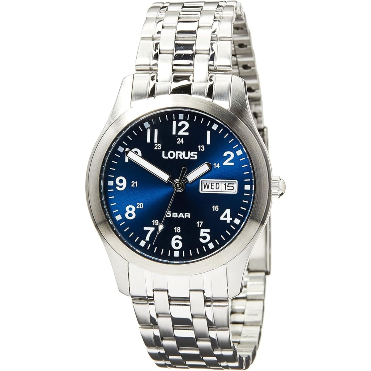 Stainless steel men's watch with dark blue dial, luminous markers, and day/date window