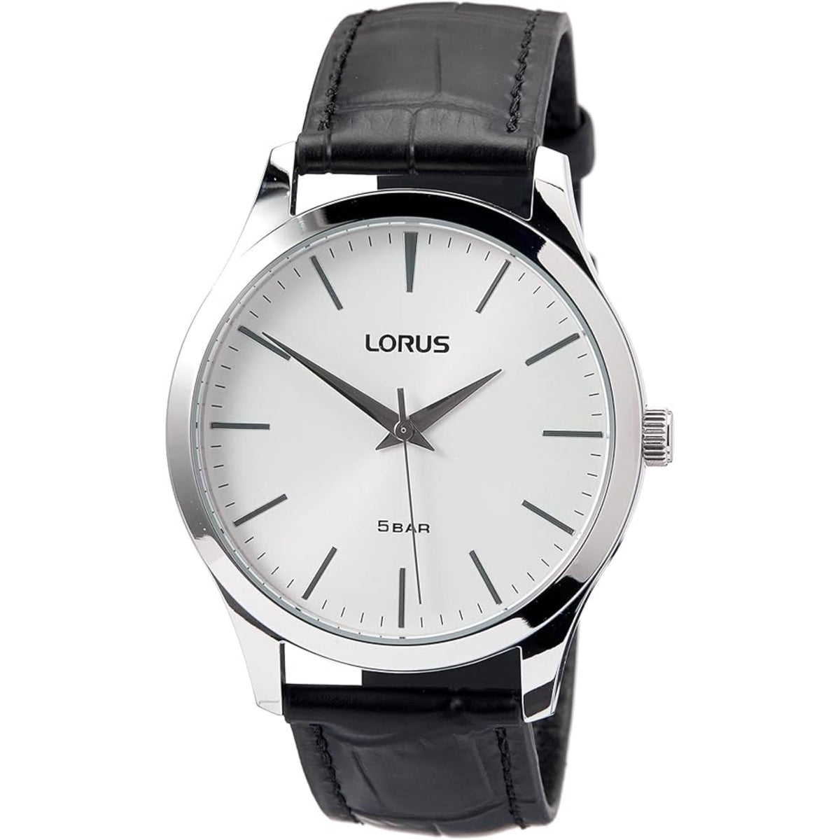 Lorus men's analog wrist watch with white dial, silver case, black leather strap
