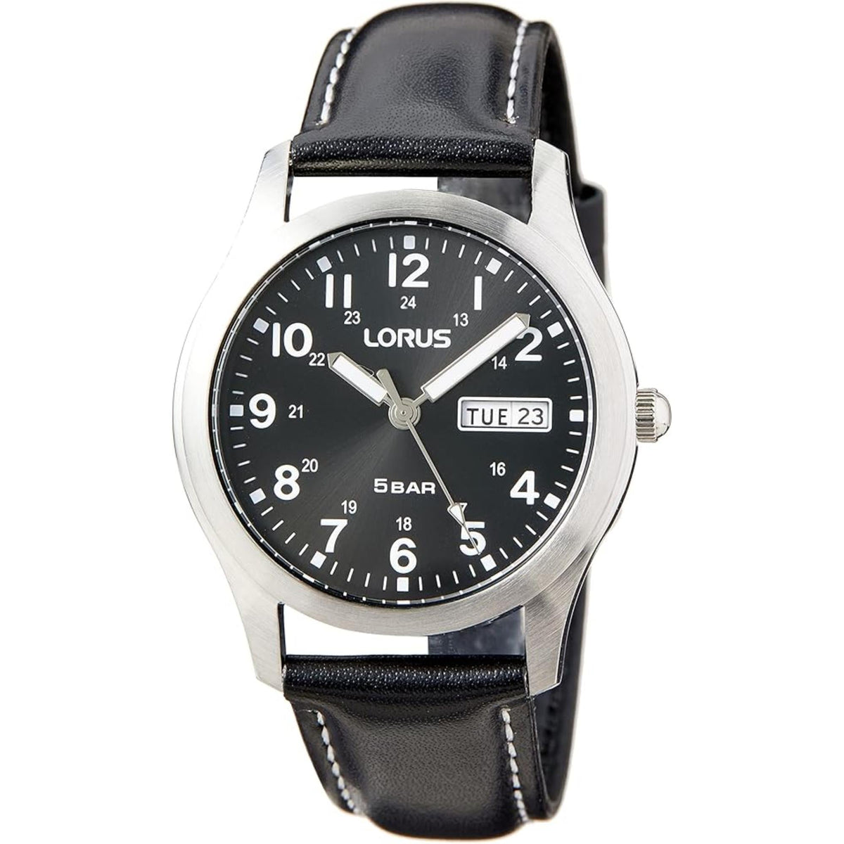 Men's Lorus analog quartz watch front view with black dial and black leather strap