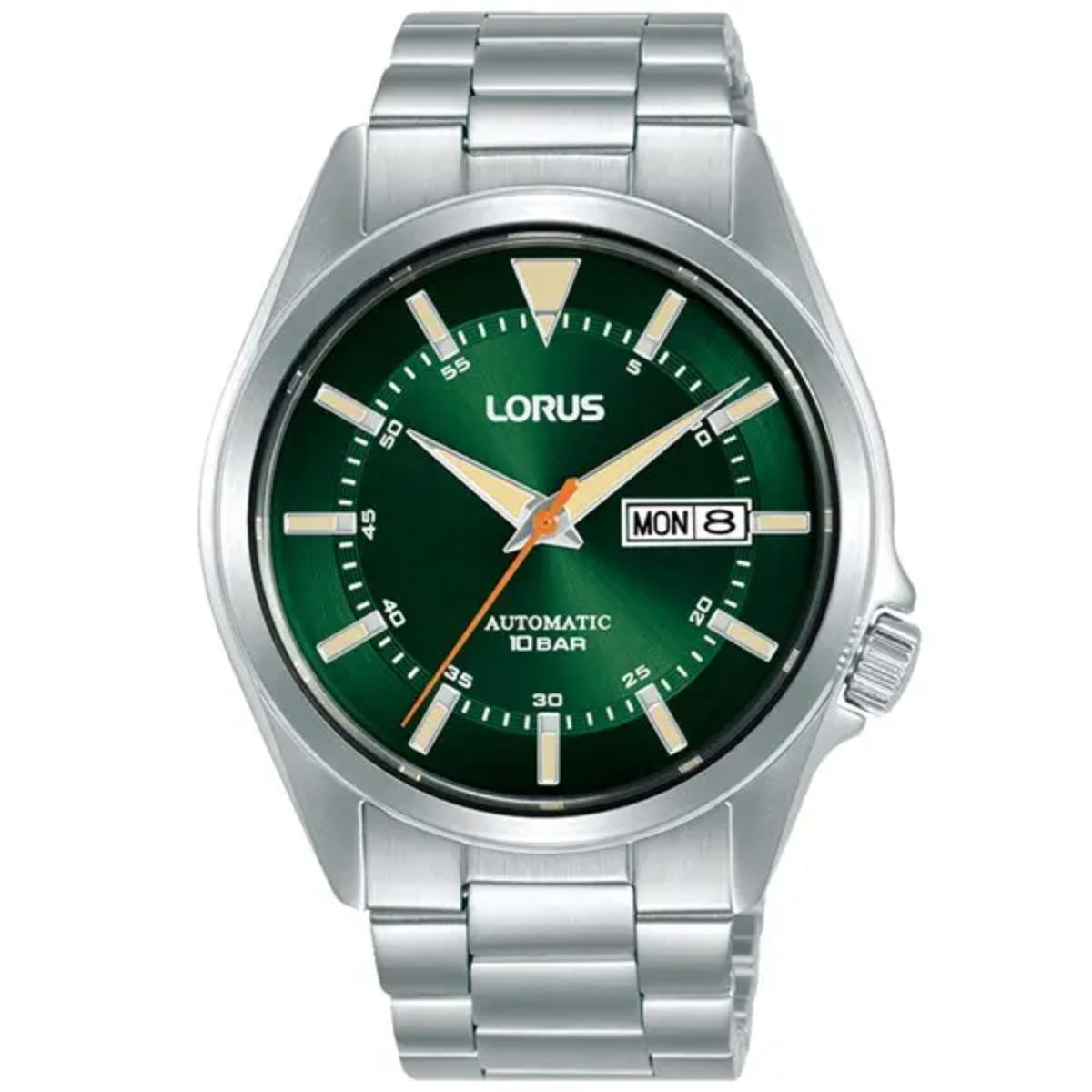Men’s automatic wristwatch with green dial, silver bracelet and day/date window