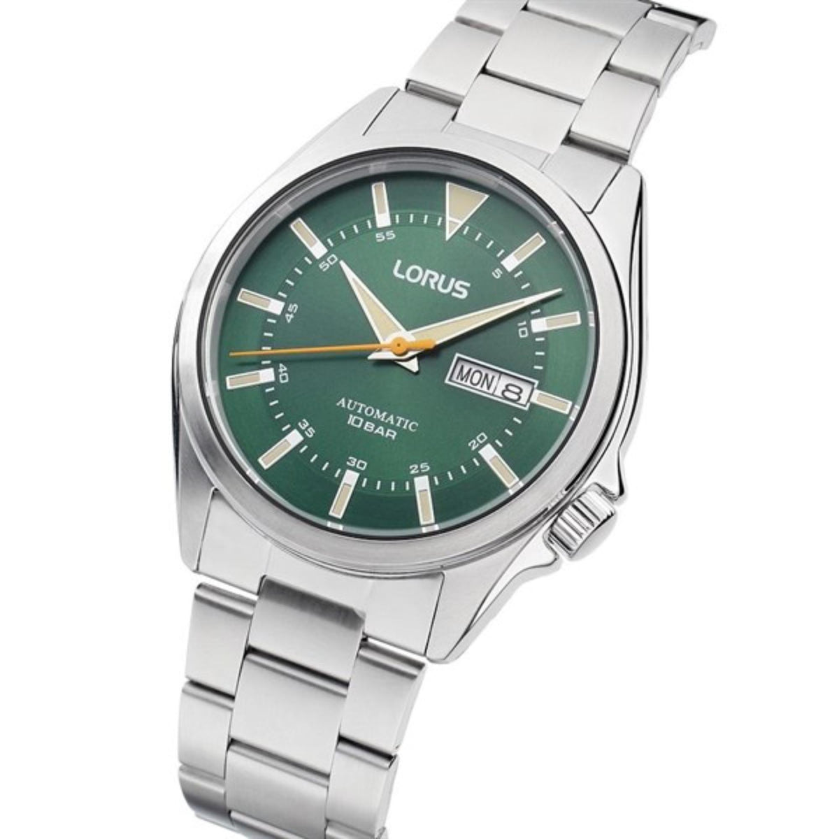 Men’s automatic wristwatch with green dial, silver bracelet and day/date window close-up
