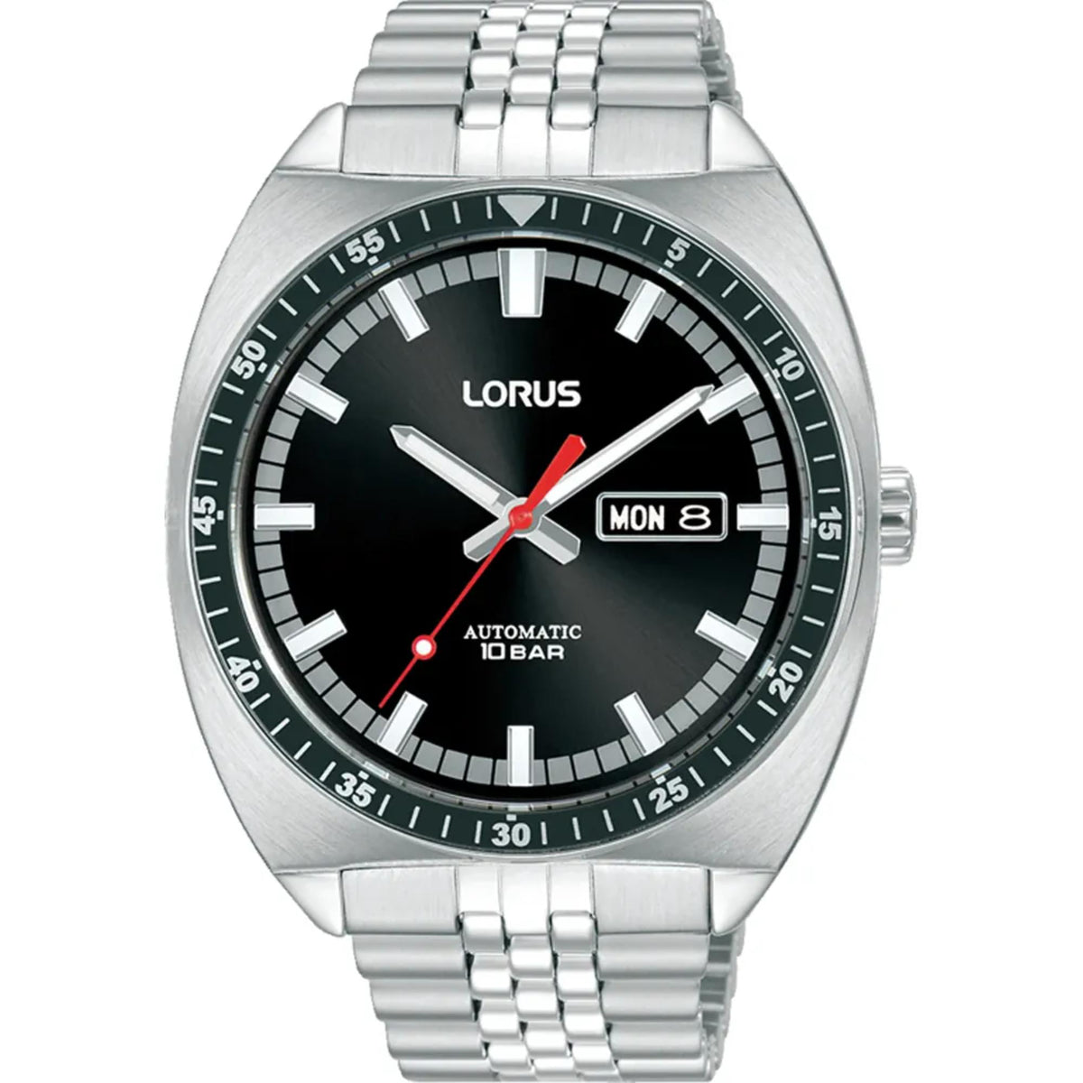 Men's stainless steel watch with black dial, red marker, automatic 10 bar text and Mon date