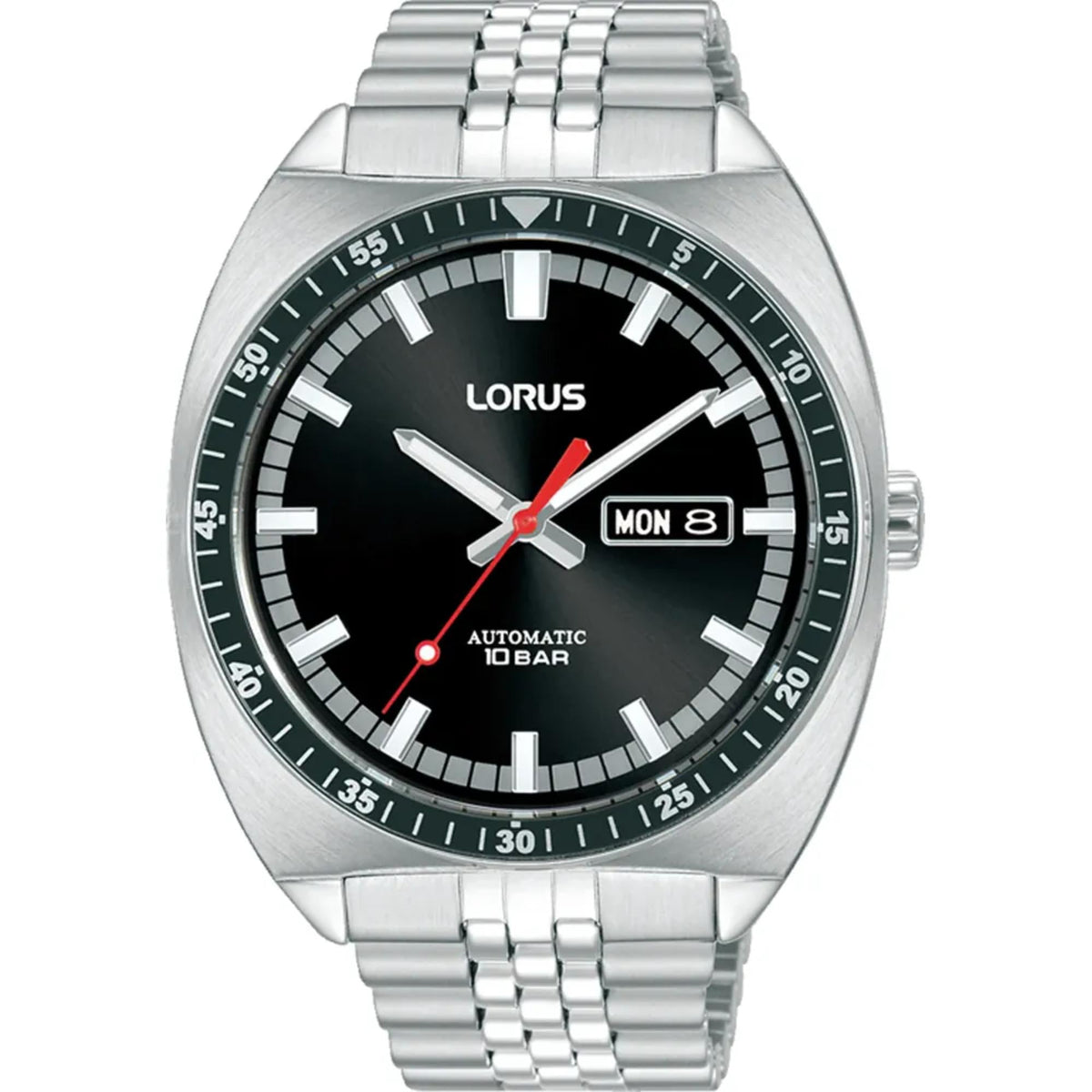 Men's stainless steel bracelet watch with black dial, luminous hour markers, Mon date window