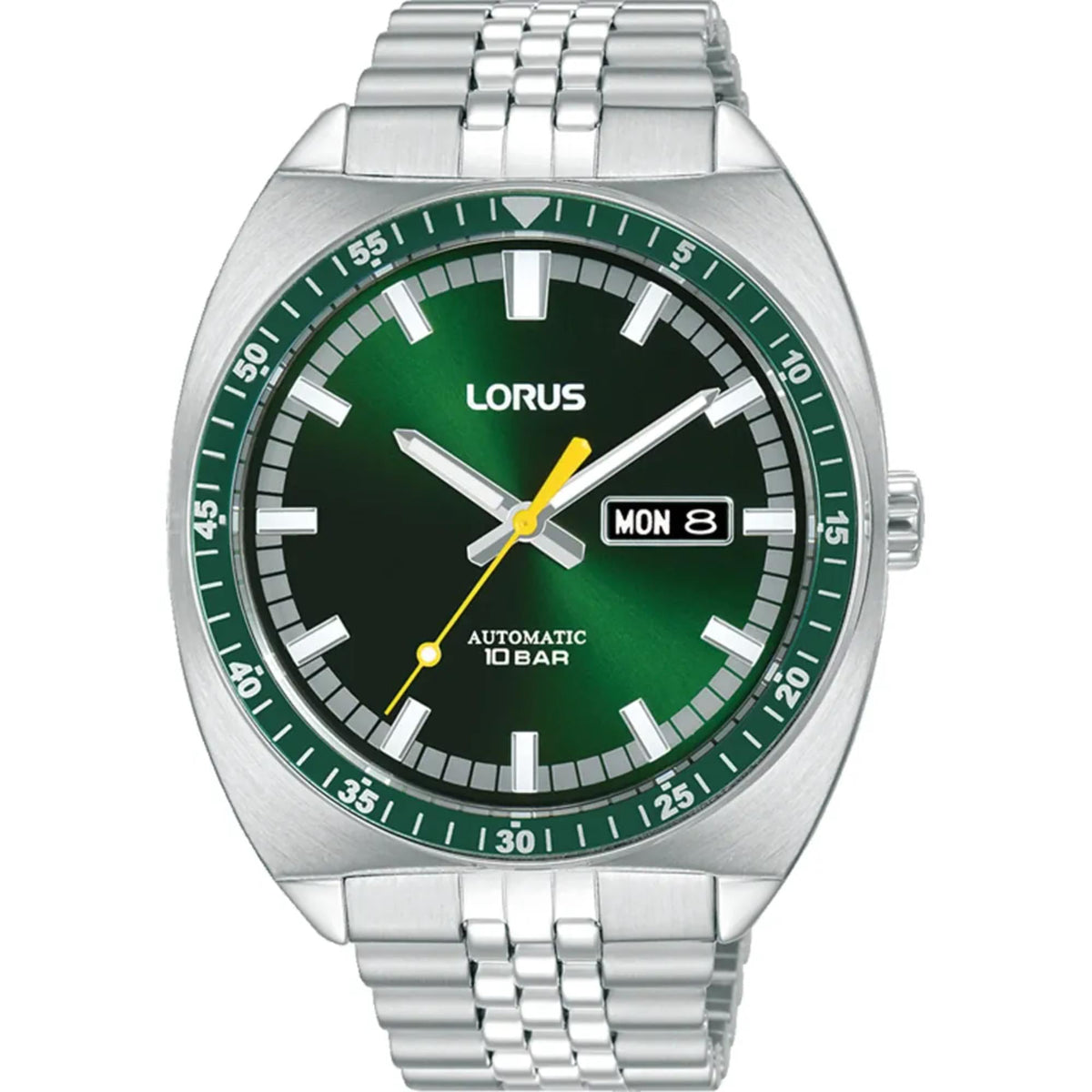 Green sunray dial automatic stainless steel watch with Mon 8 date window
