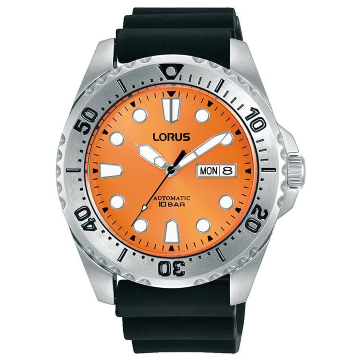Lorus automatic watch featuring orange dial with date window and black rubber strap