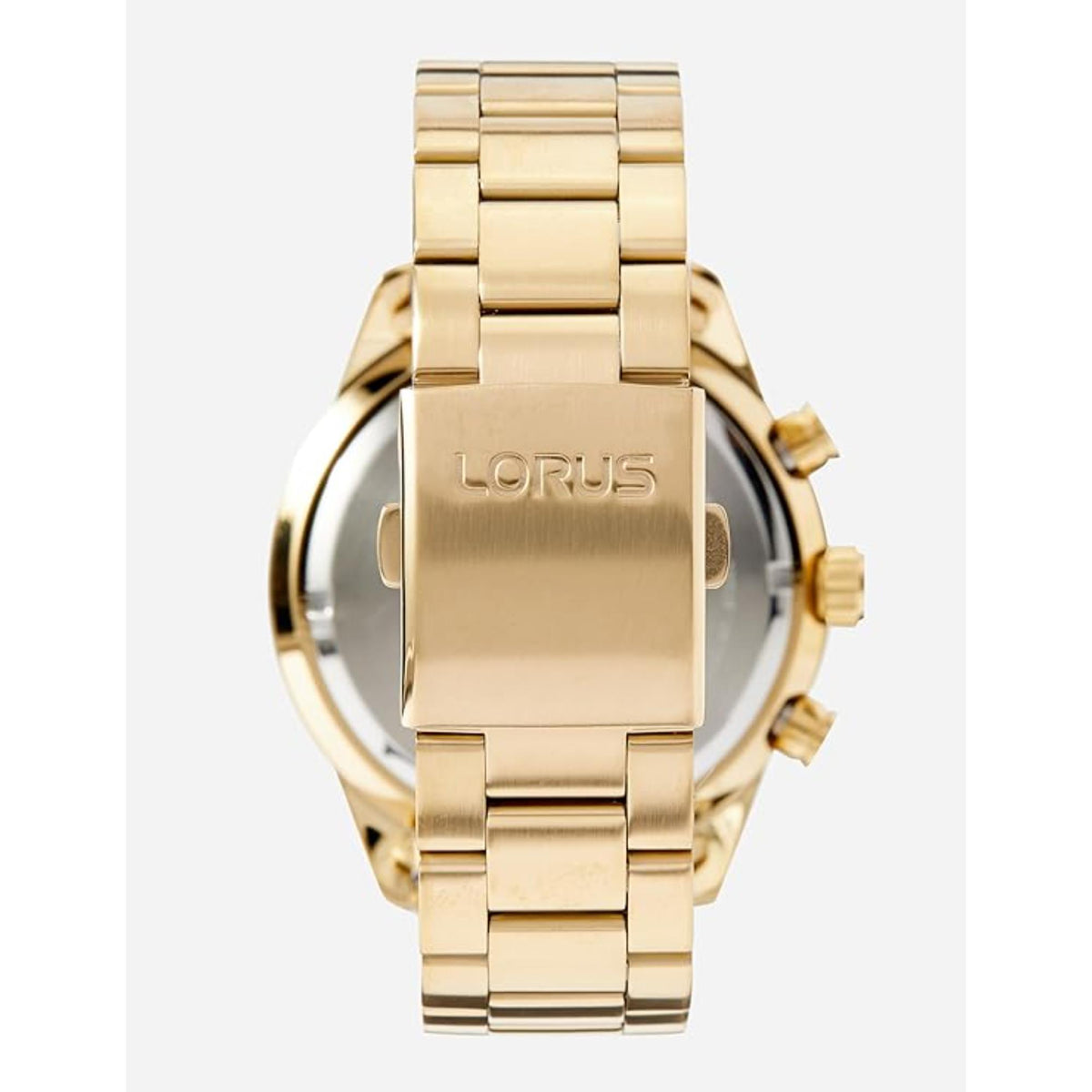 Men's gold-tone watch back plate with LORUS engraving and bracelet links visible