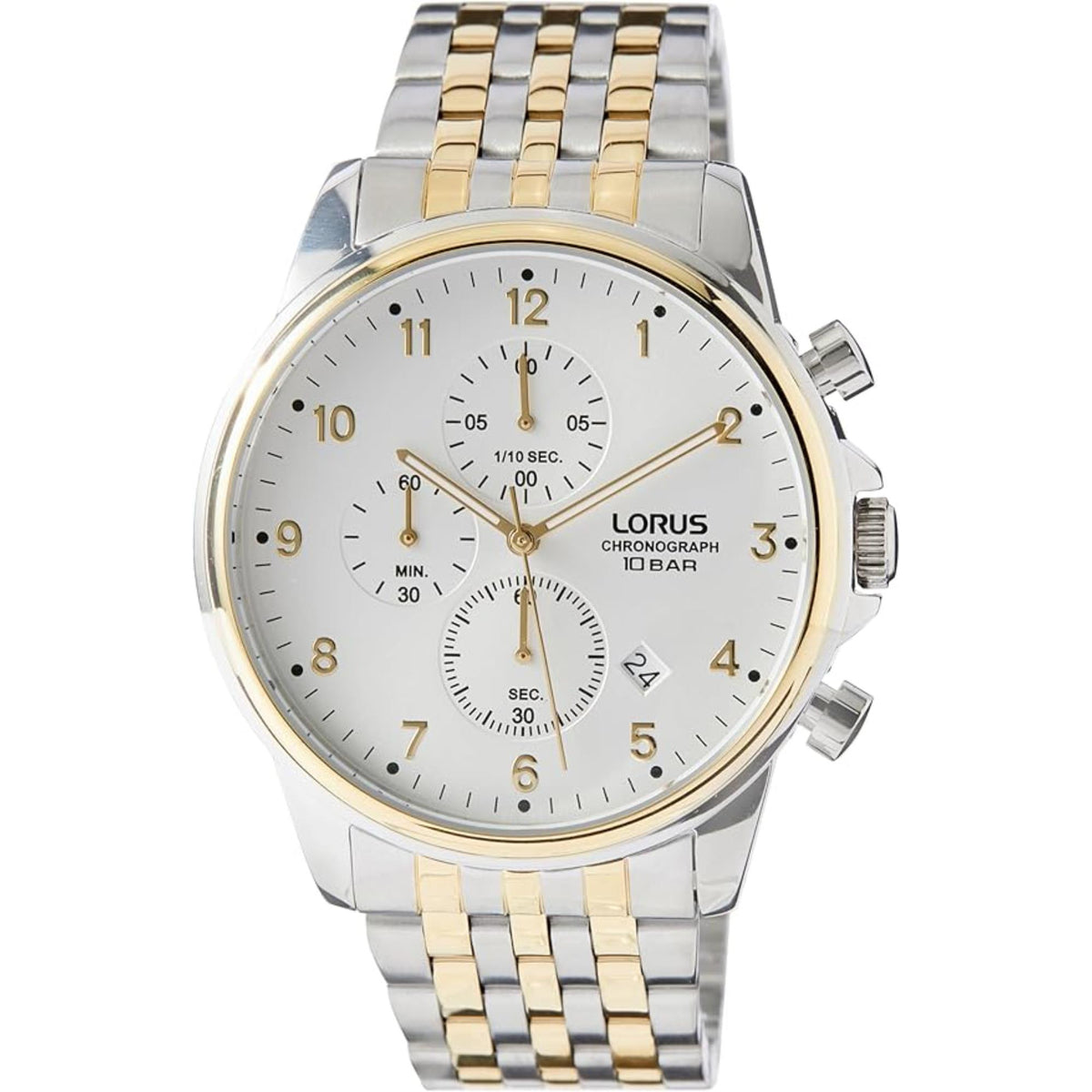 Men's sports two-tone chronograph watch, white sunray dial and silver-gold bracelet