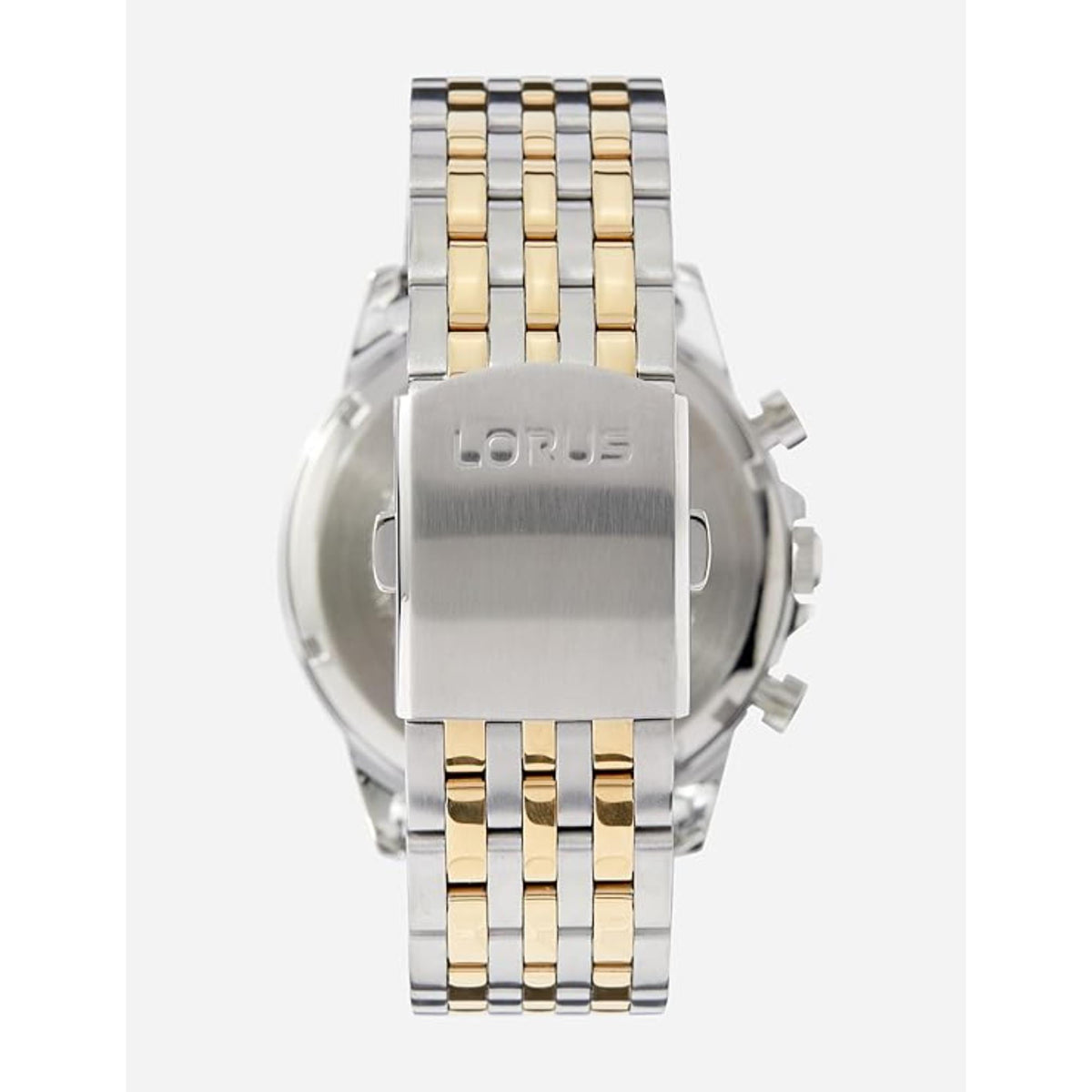 Men's two-tone chronograph watch back view with metal case and striped bracelet