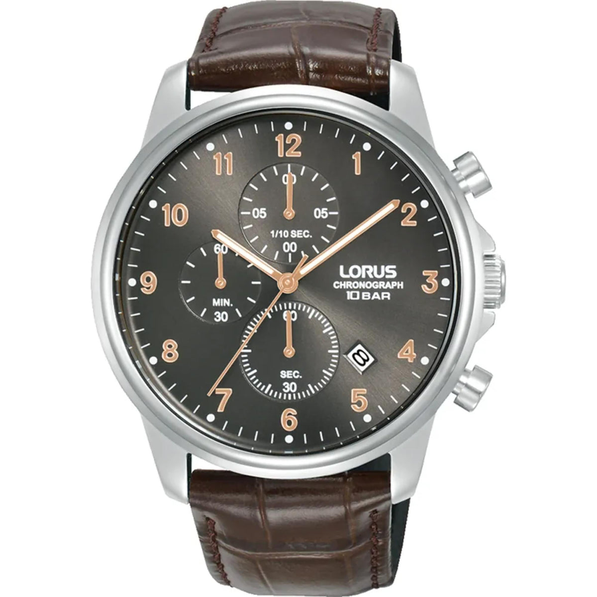 Men's chronograph watch with brown leather strap, dark grey sunray dial, and side pushers