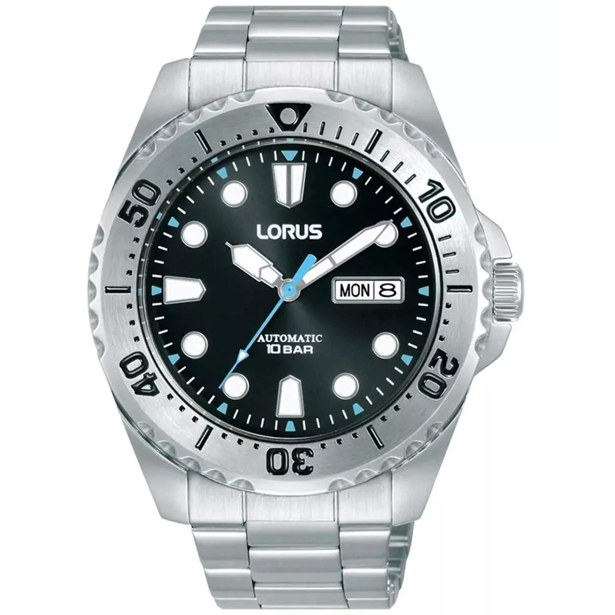 Stainless steel bracelet men's watch with black dial, date display, luminous hour markers.