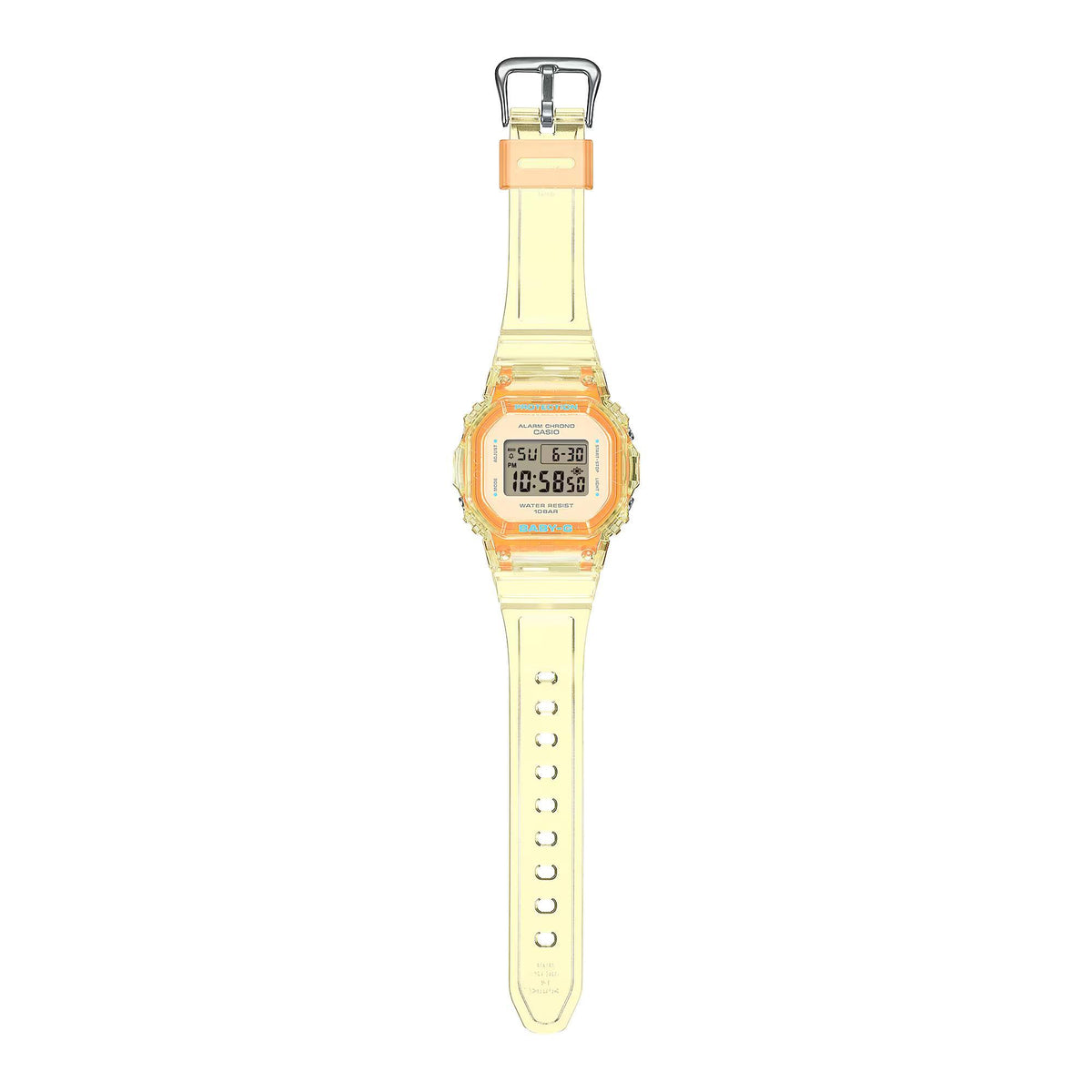 Translucent yellow-orange jelly digital watch with resin strap, side profile view