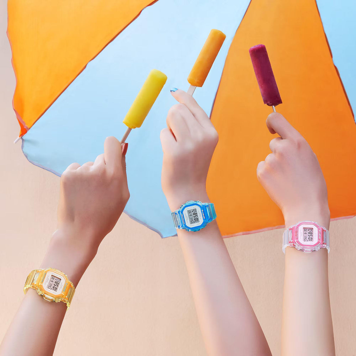 Jelly resin digital wristwatch with bright yellow strap on wrist