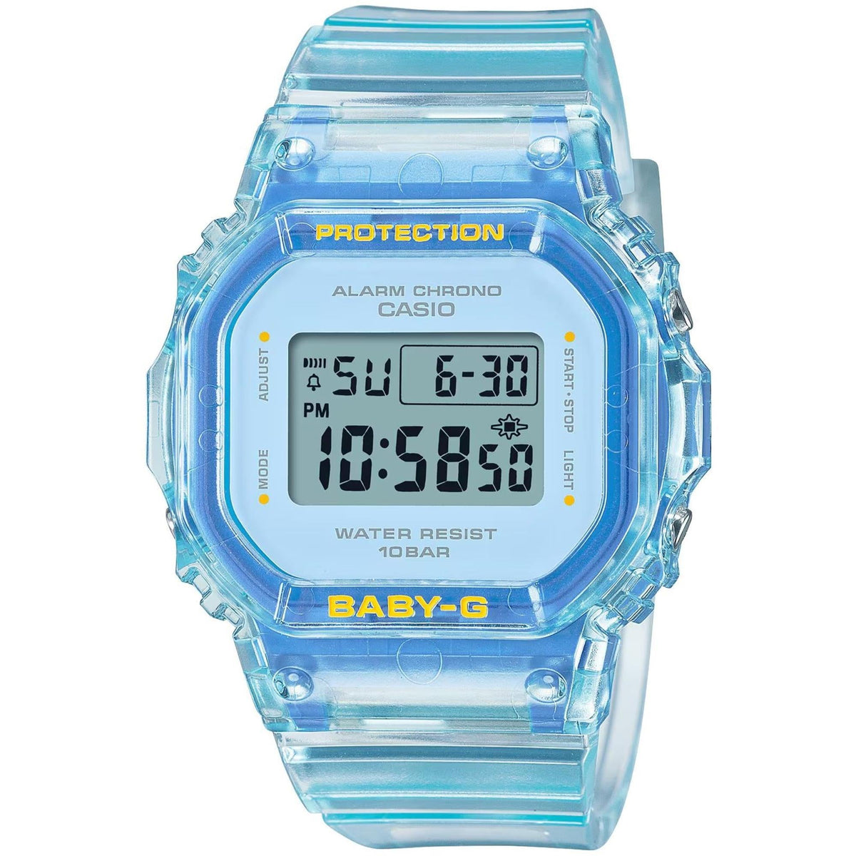 Casio Baby-G Summer Jelly BGD-565SJ-2ER clear blue digital dial front view