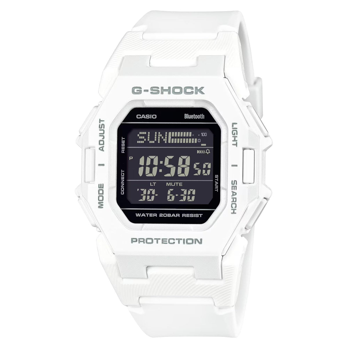 White resin G-Shock digital watch with large LCD screen and rugged protective case.