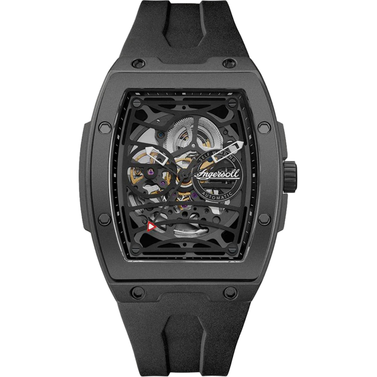 Black automatic skeleton wristwatch with see-through dial in square case.