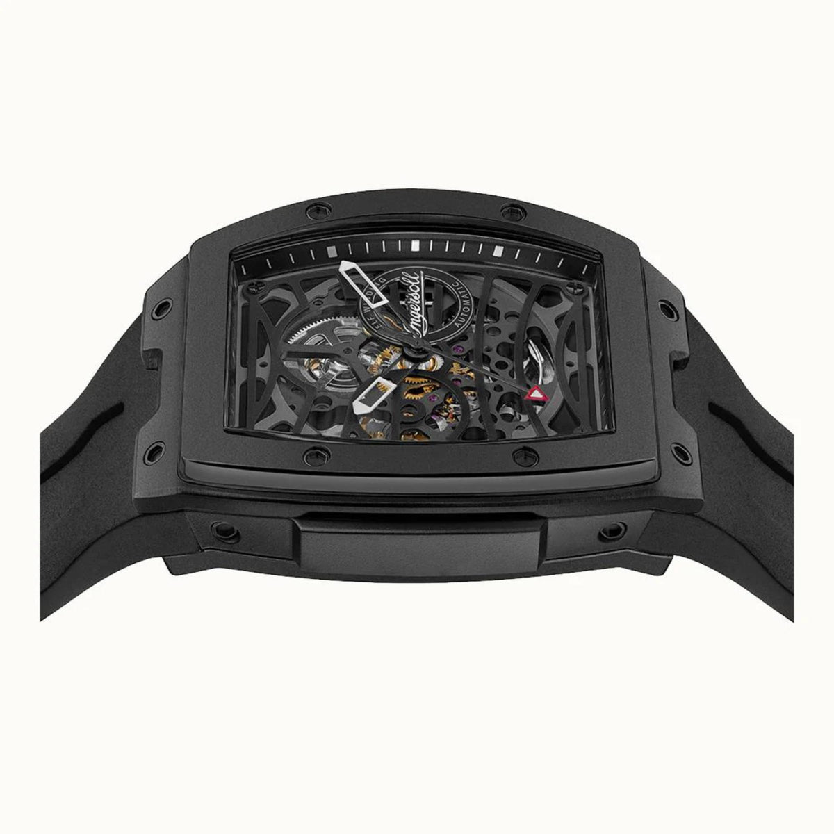 Men’s automatic watch with black skeleton dial and black leather strap, front view