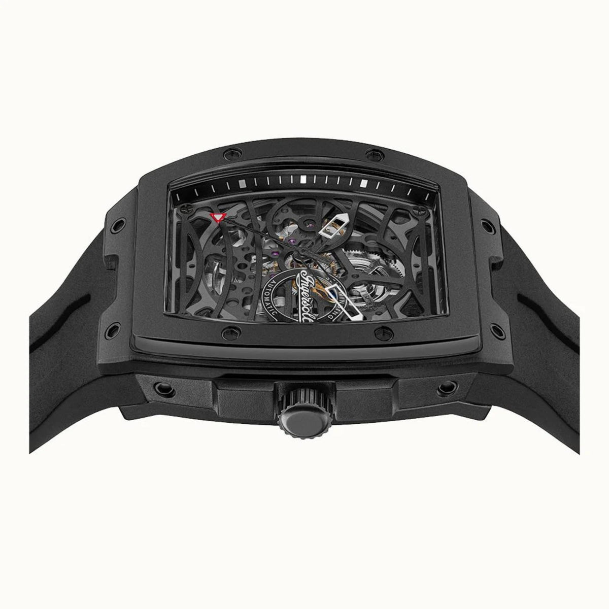 Men’s automatic watch with black skeleton dial and visible crown, angled front view