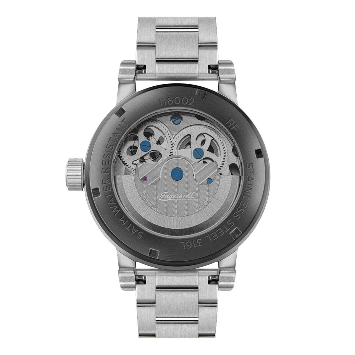Ingersoll men's automatic watch case back with engraved steel and blue accents on movement