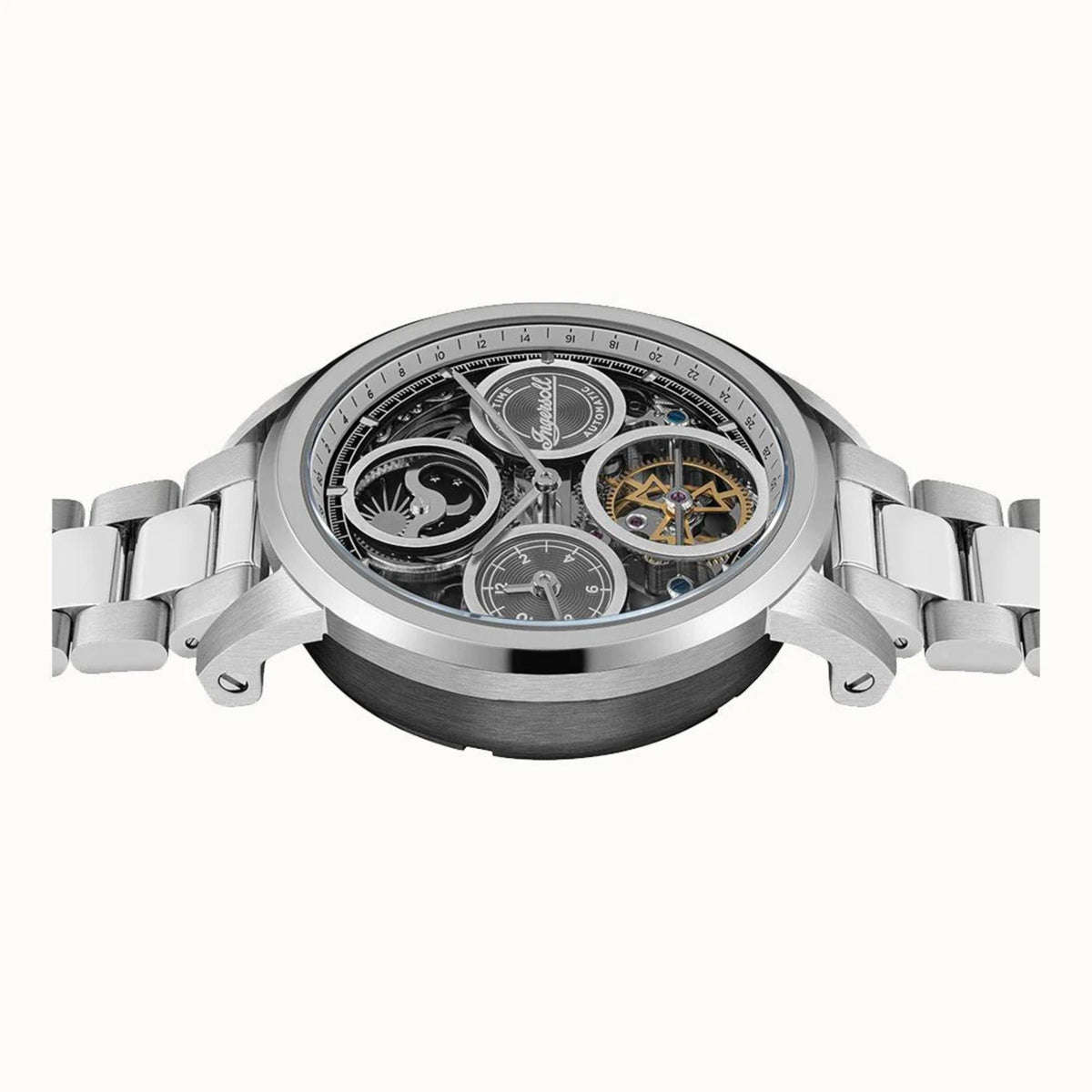 Ingersoll men's automatic watch front close view showing skeleton movement and blue details