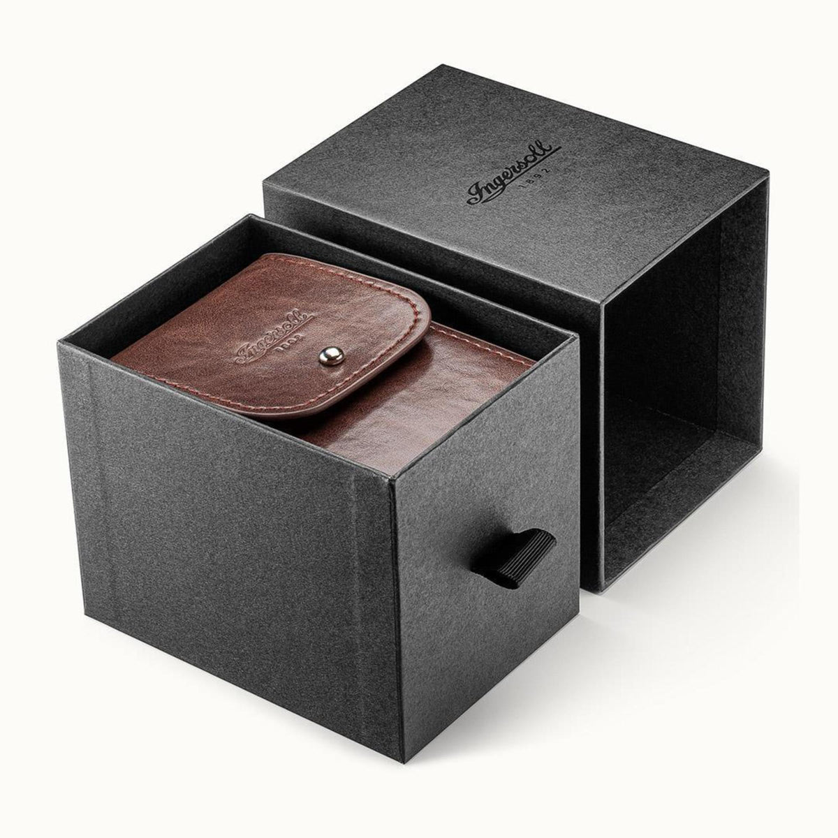 Ingersoll watch presentation box with dark lid and brown leather pouch insert