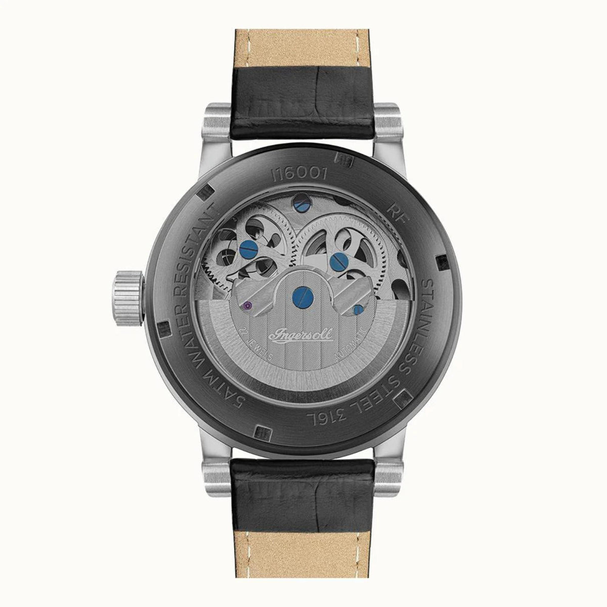 Automatic men’s skeleton watch with silver case, black leather strap and blue details