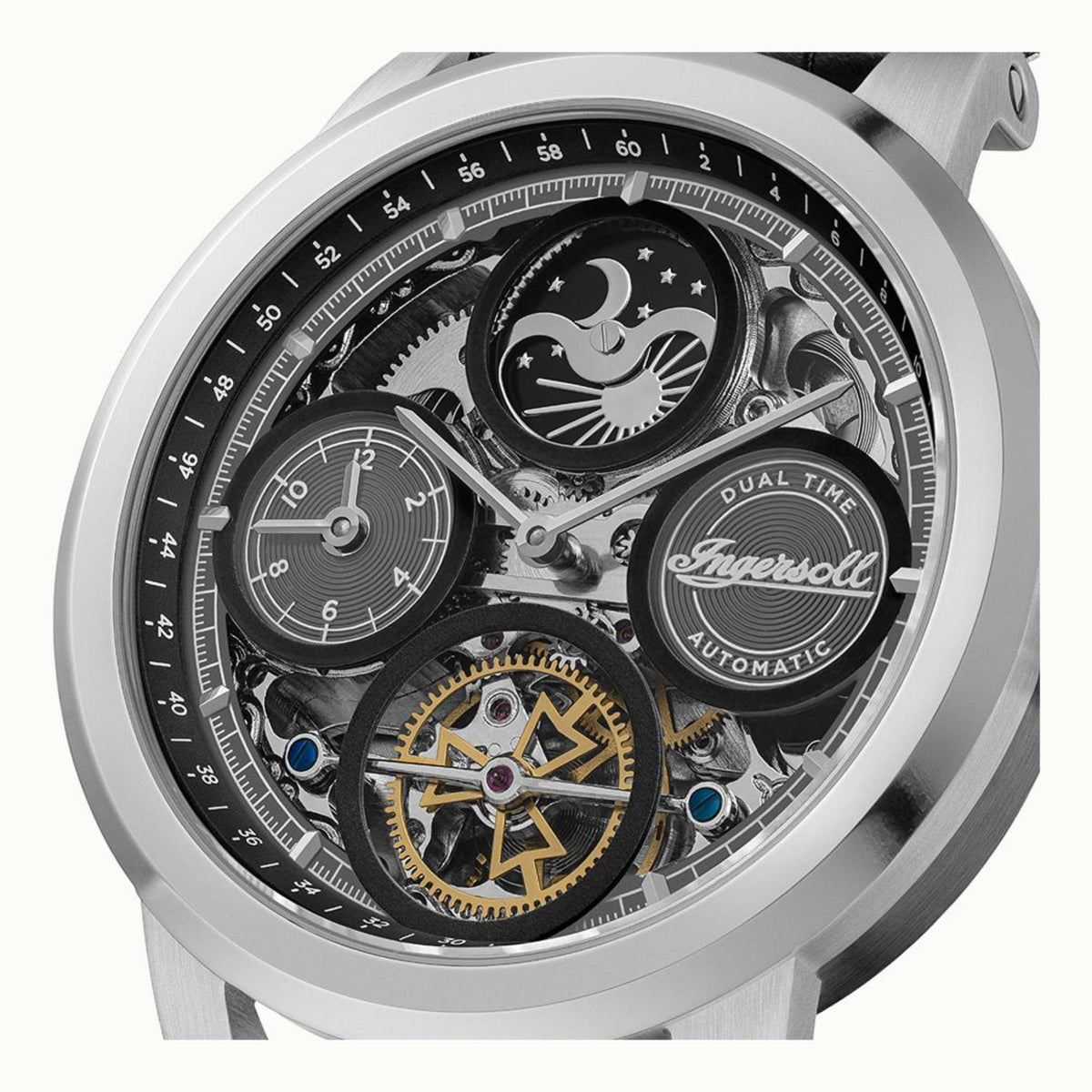 Men’s automatic skeleton watch face with black dial, dual time subdials and engraved logo