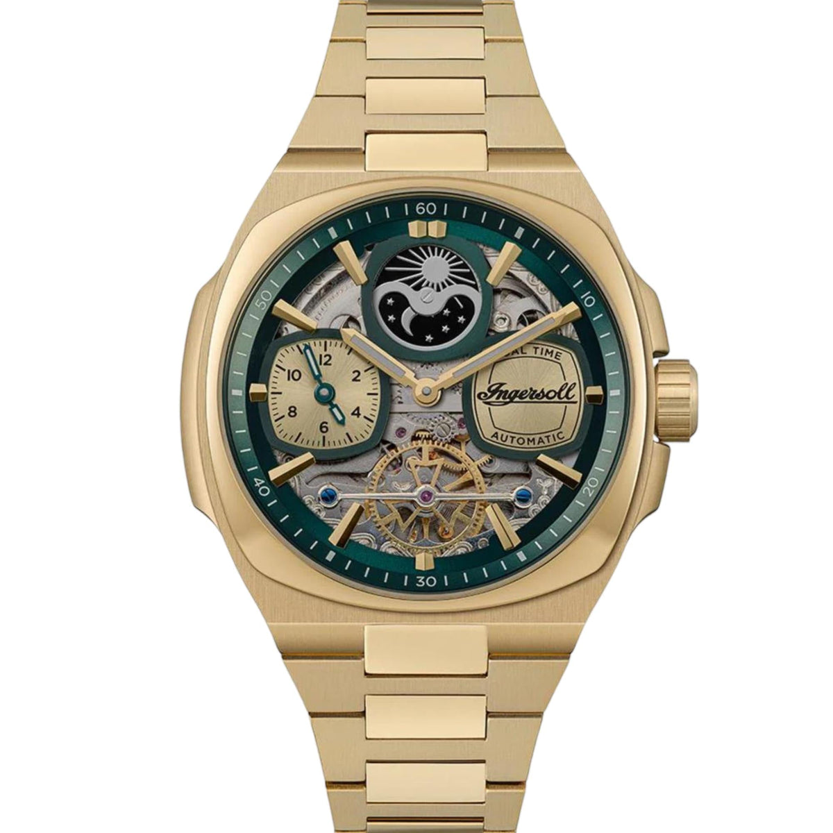 Front view of men’s automatic watch with teal dial, gold-toned bezel, and metal bracelet.