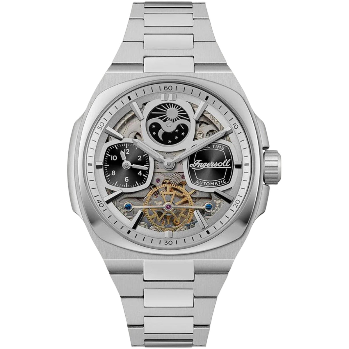 Men’s automatic skeleton watch with silver case, open dial, black subdial, metal bracelet