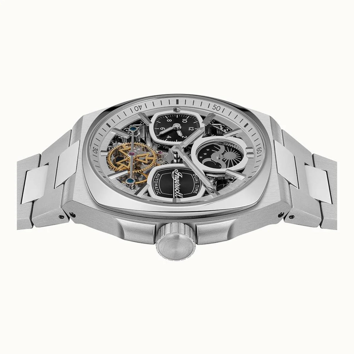Stainless steel skeleton automatic men’s watch with black leatherless? strap, visible gears