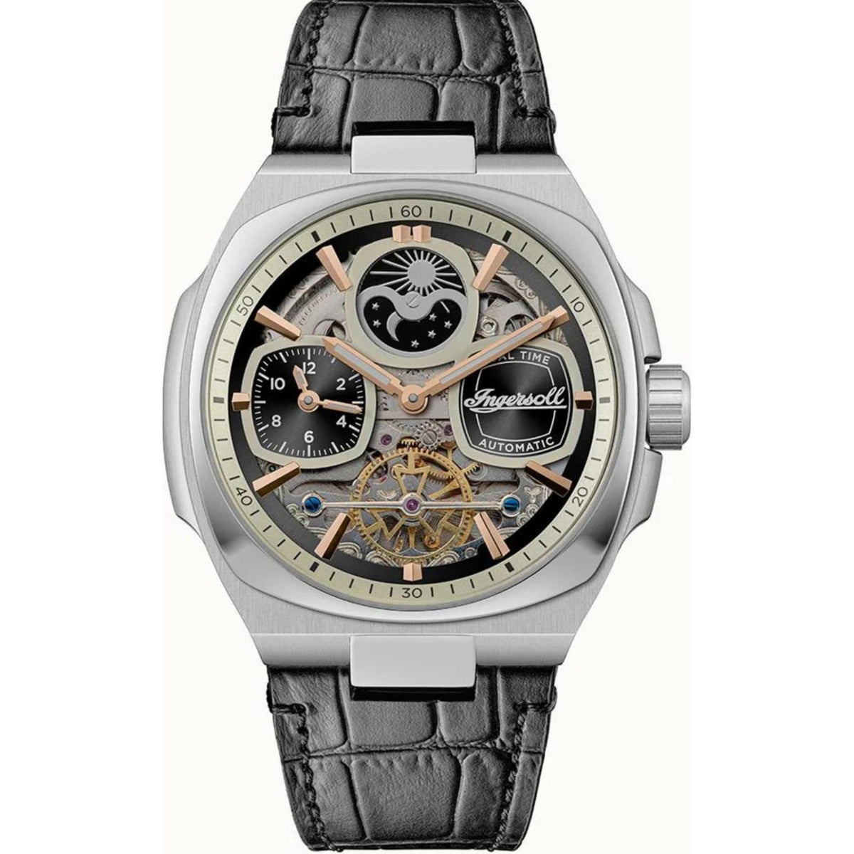Ingersoll men’s automatic skeleton watch, silver case, black leather strap front view