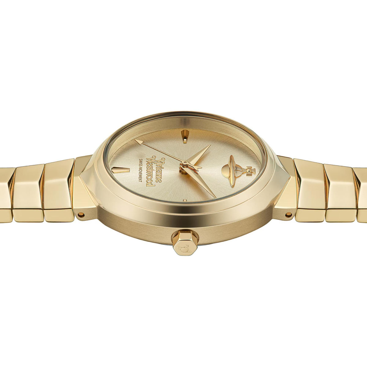 Gold-tone ladies wristwatch top view with crown and oval dial with three hands and markers