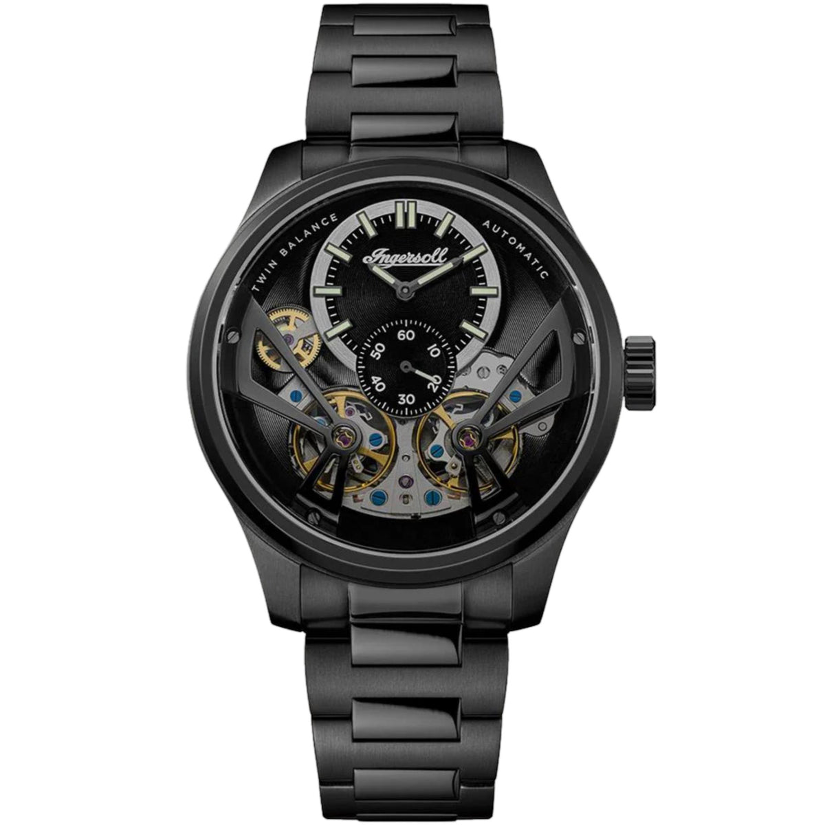 Men's Ingersoll automatic watch: black skeleton dial with blue hands and black bracelet