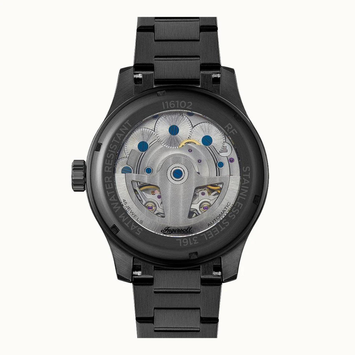 Men’s automatic watch caseback with exposed movement and black leather strap