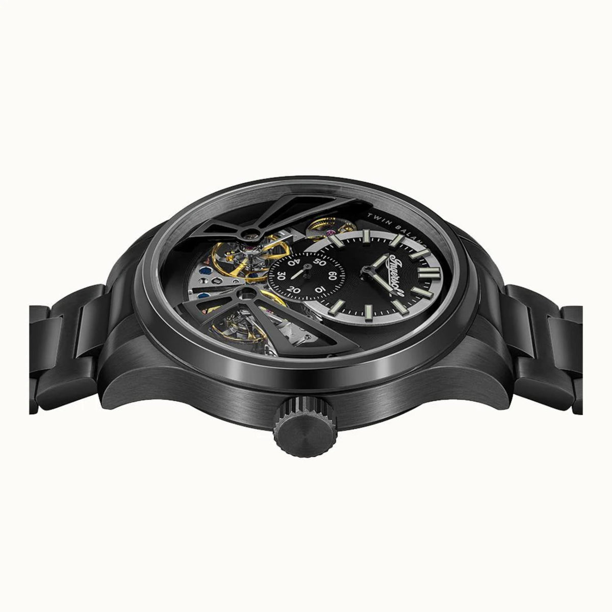 Men’s automatic watch three-quarter view showing black dial and crown at 4 o’clock