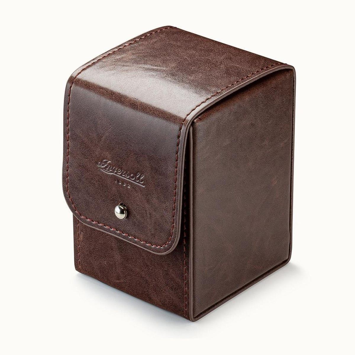 Brown leather watch storage pouch with button and stitched flap