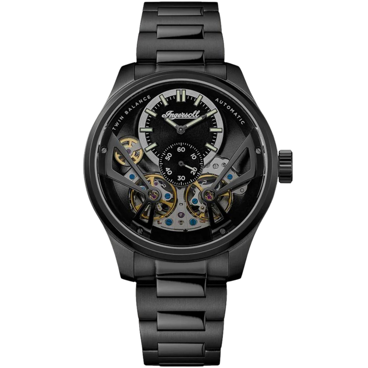 Men's Ingersoll automatic watch front view with black skeleton dial and black link strap